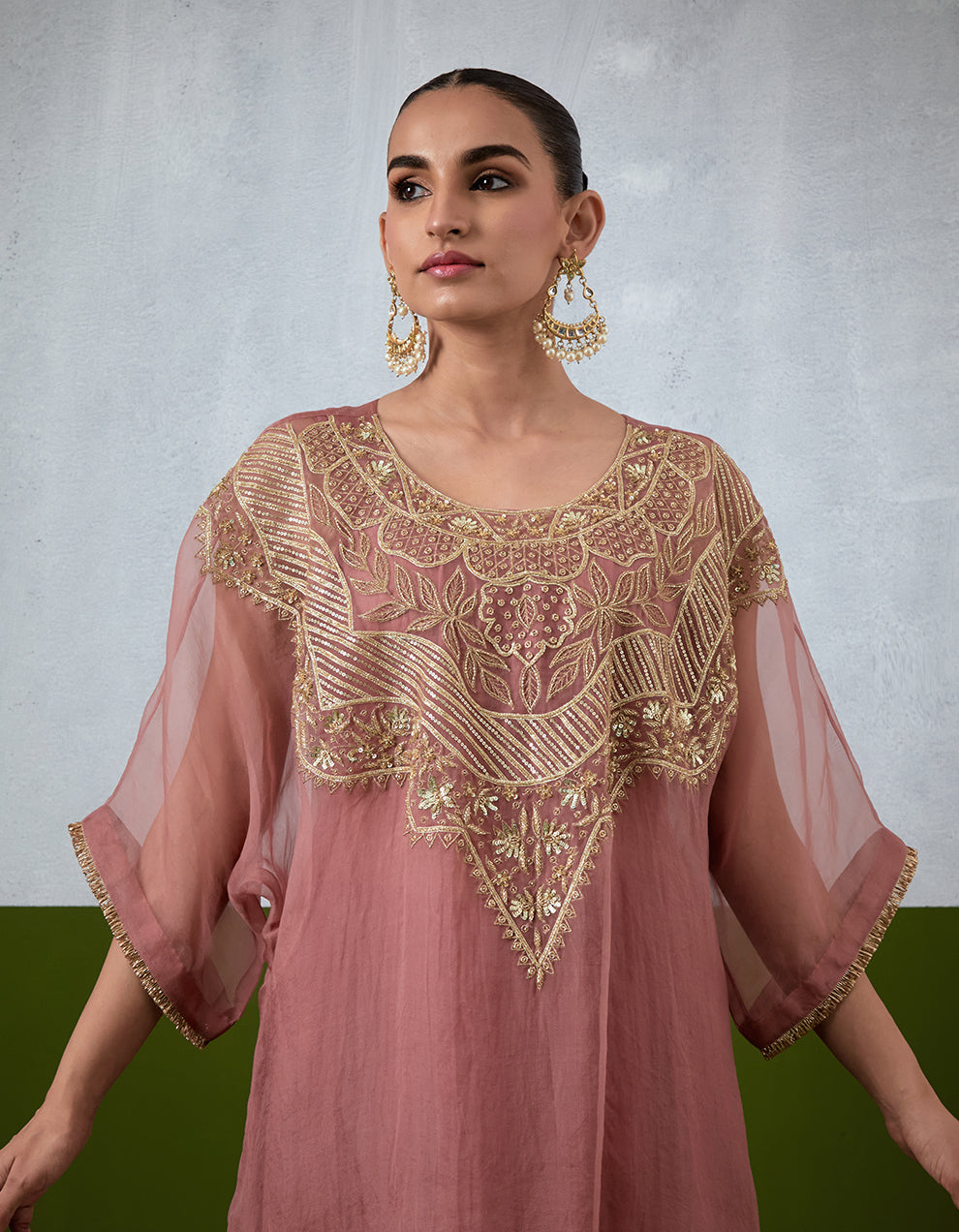 Dusty Rose Hand Embroidered Organza Kaftan Set