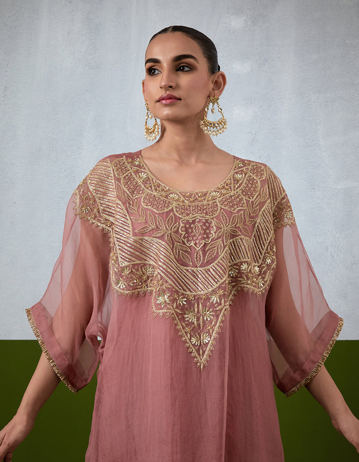 Dusty Rose Hand Embroidered Organza Kaftan Set