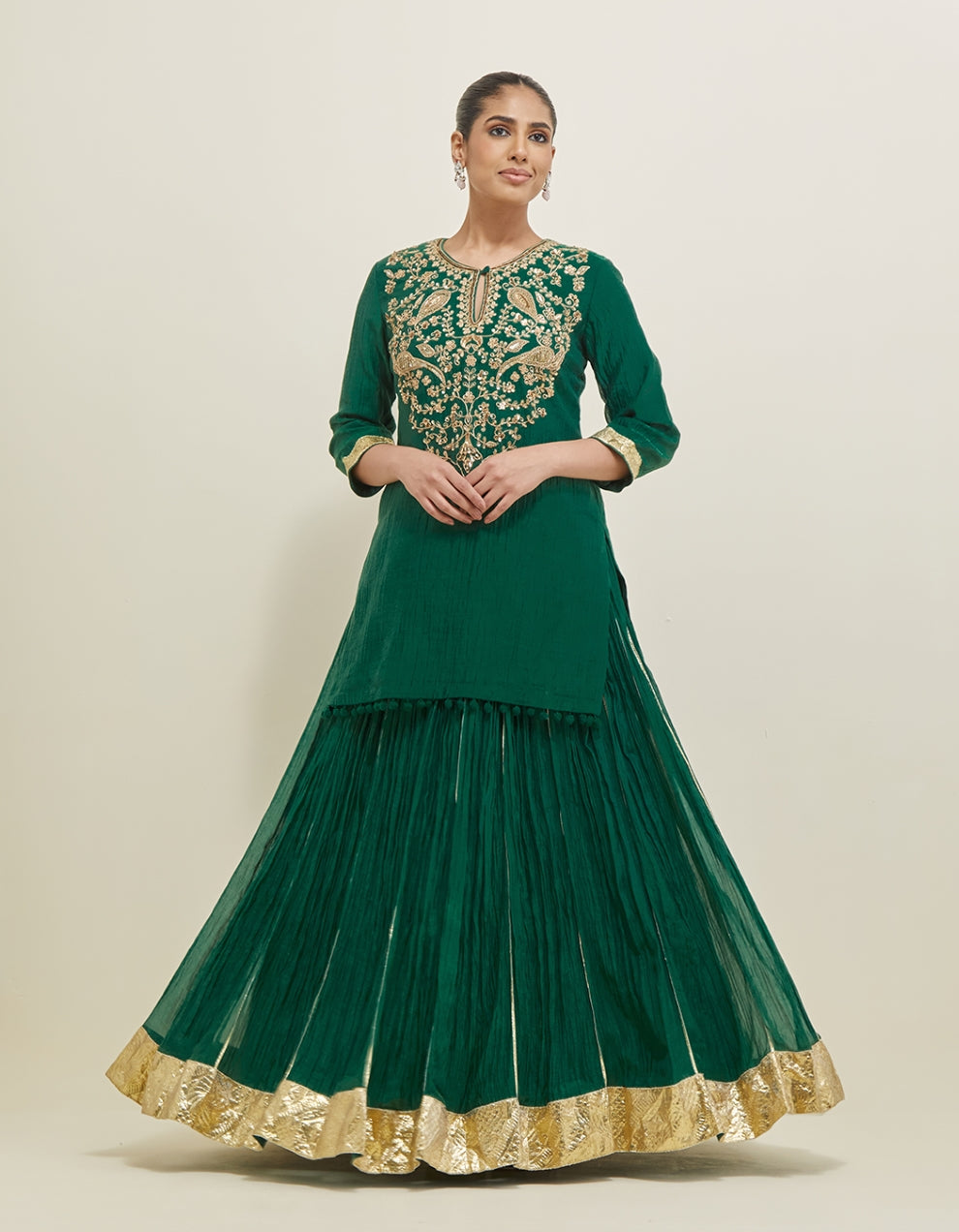 Forest Green Embroidered Chanderi Lehenga Set