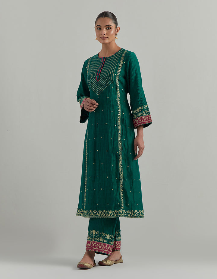 Green Embroidered Chanderi Suit Set