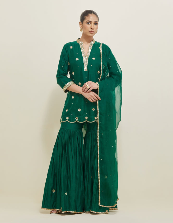 Green Hand Embroidered Chanderi Gharara Set