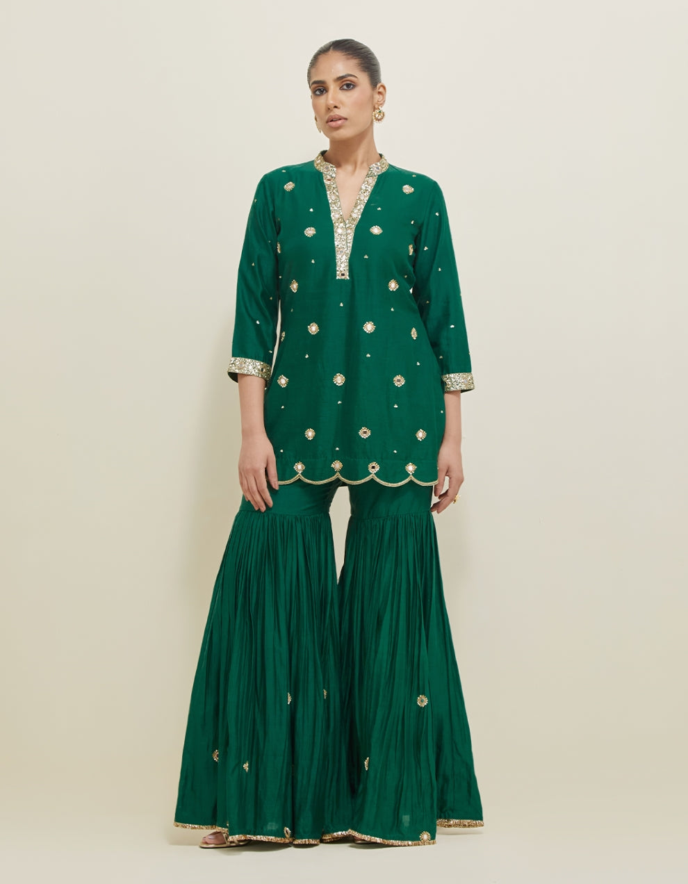 Green Hand Embroidered Chanderi Gharara Set