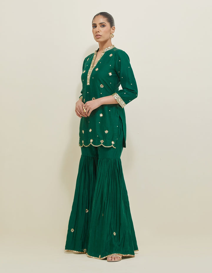 Green Hand Embroidered Chanderi Gharara Set
