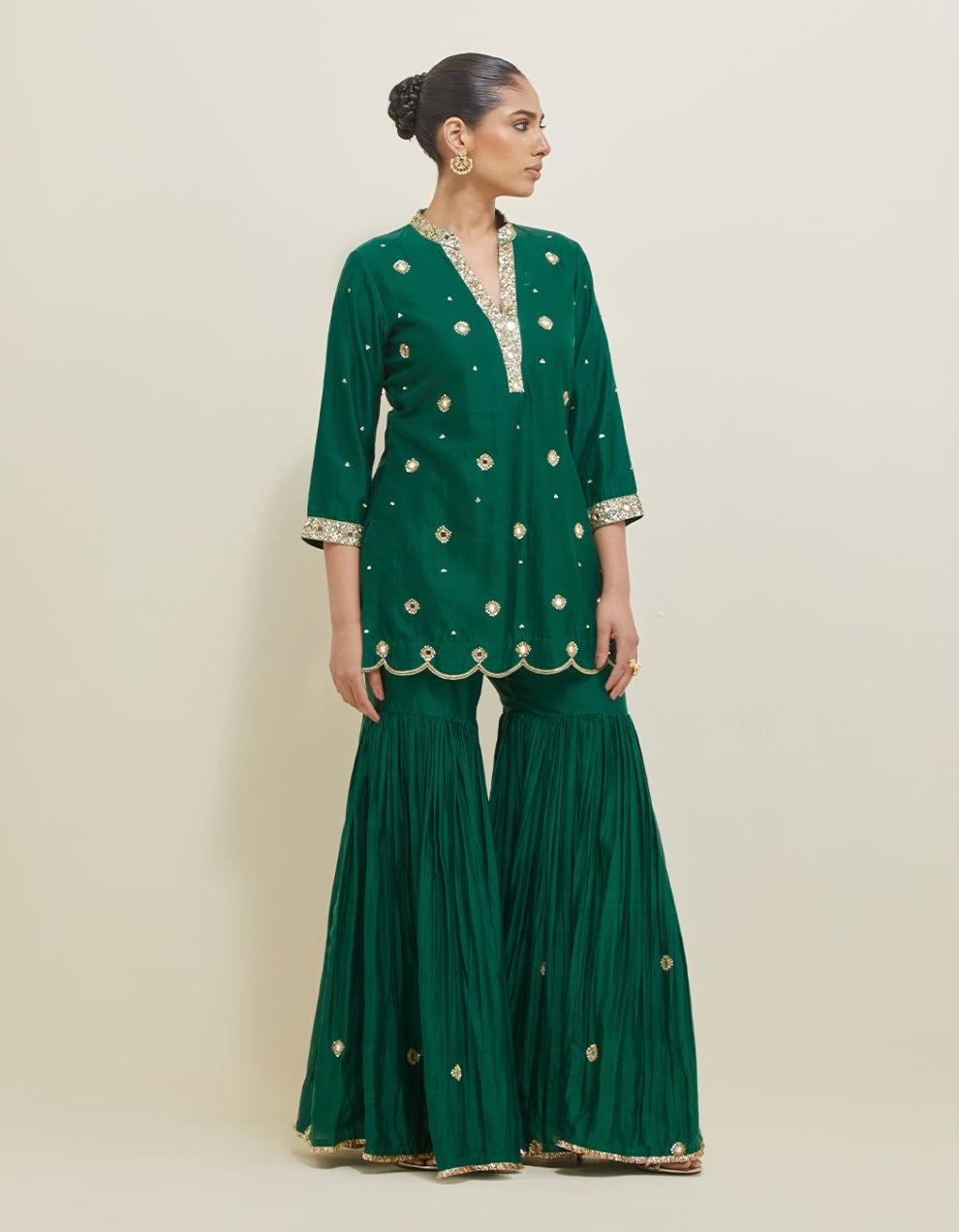 Green Hand Embroidered Chanderi Gharara Set
