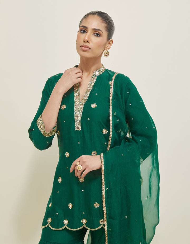 Green Hand Embroidered Chanderi Gharara Set