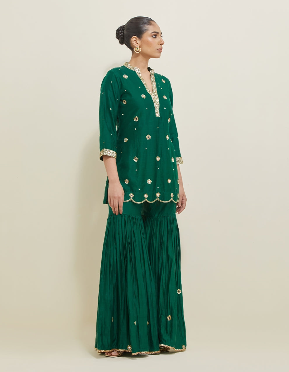 Green Hand Embroidered Chanderi Gharara Set