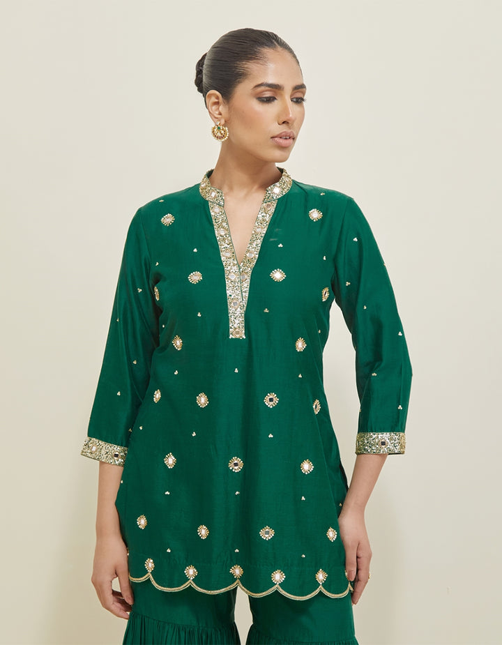 Green Hand Embroidered Chanderi Gharara Set