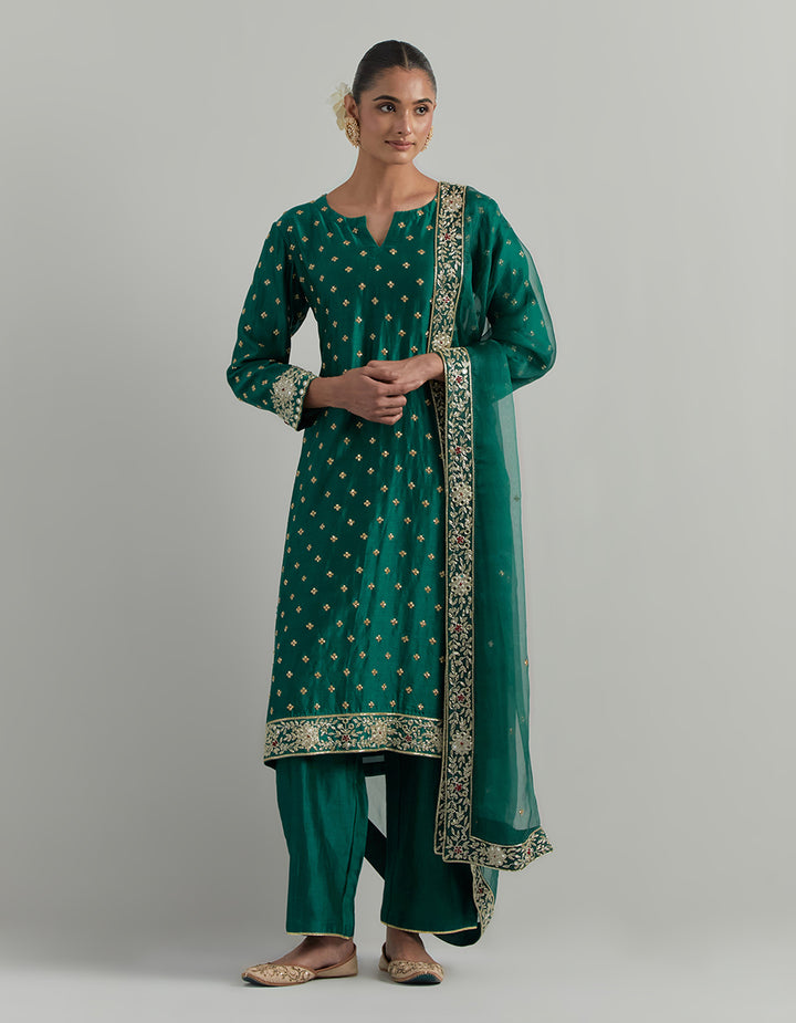 Green Hand Embroidered Chanderi Suit Set