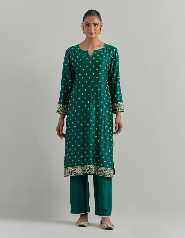 Green Hand Embroidered Chanderi Suit Set