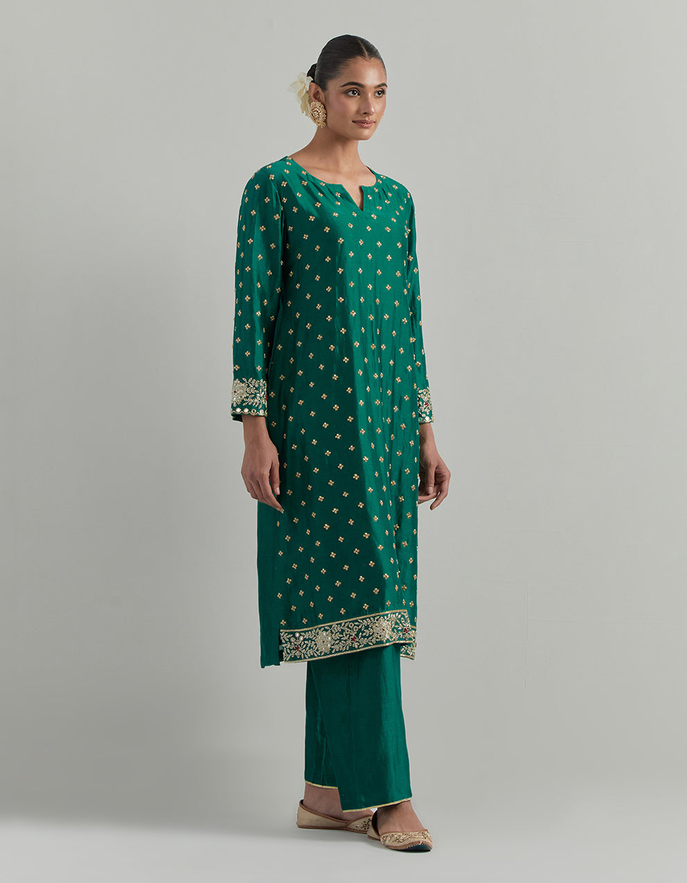 Green Hand Embroidered Chanderi Suit Set