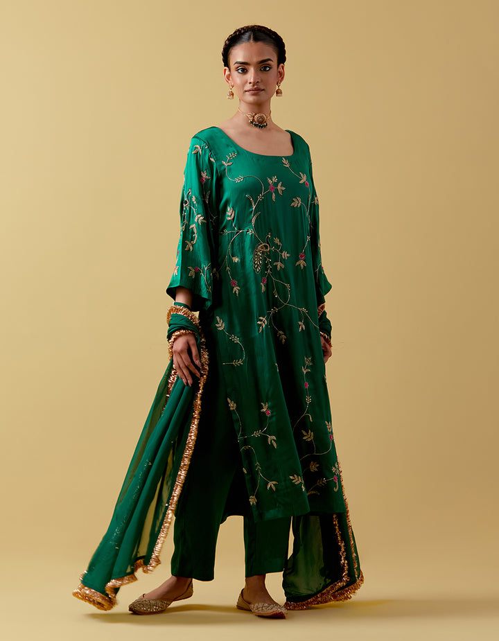Green Hand Embroidered Satin Suit Set
