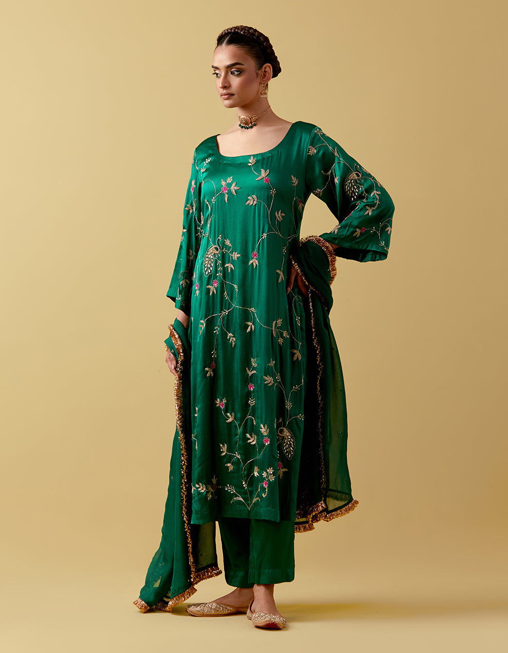 Green Hand Embroidered Satin Suit Set
