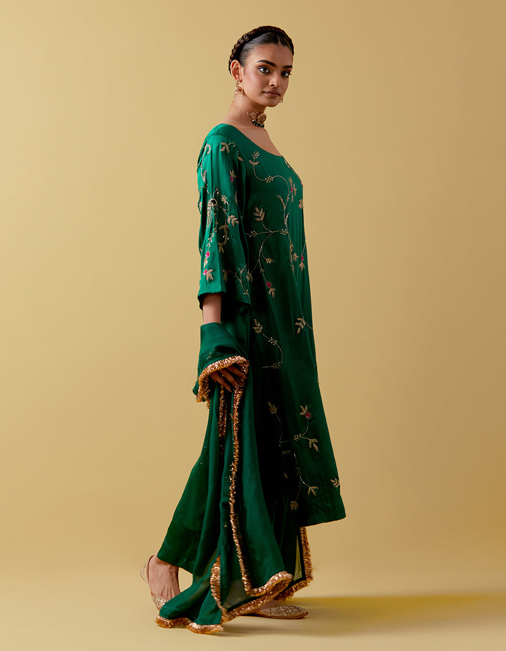 Green Hand Embroidered Satin Suit Set