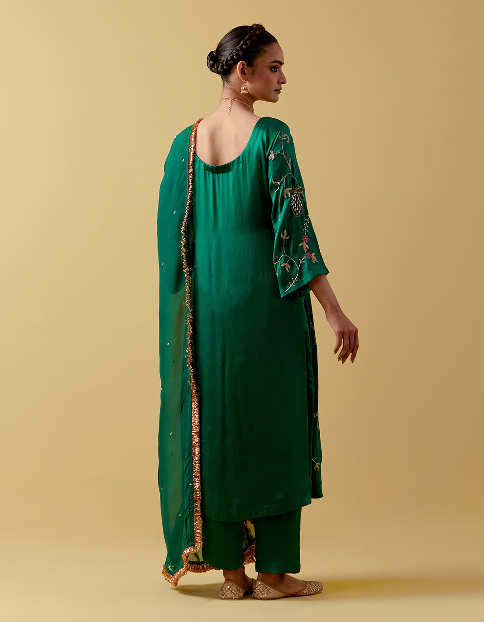 Green Hand Embroidered Satin Suit Set