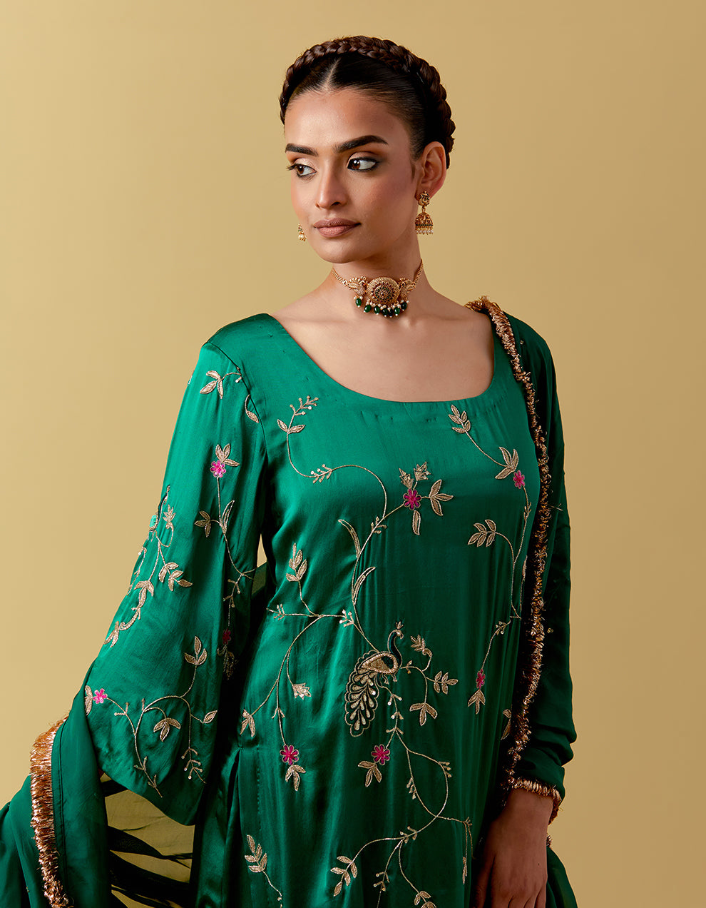 Green Hand Embroidered Satin Suit Set