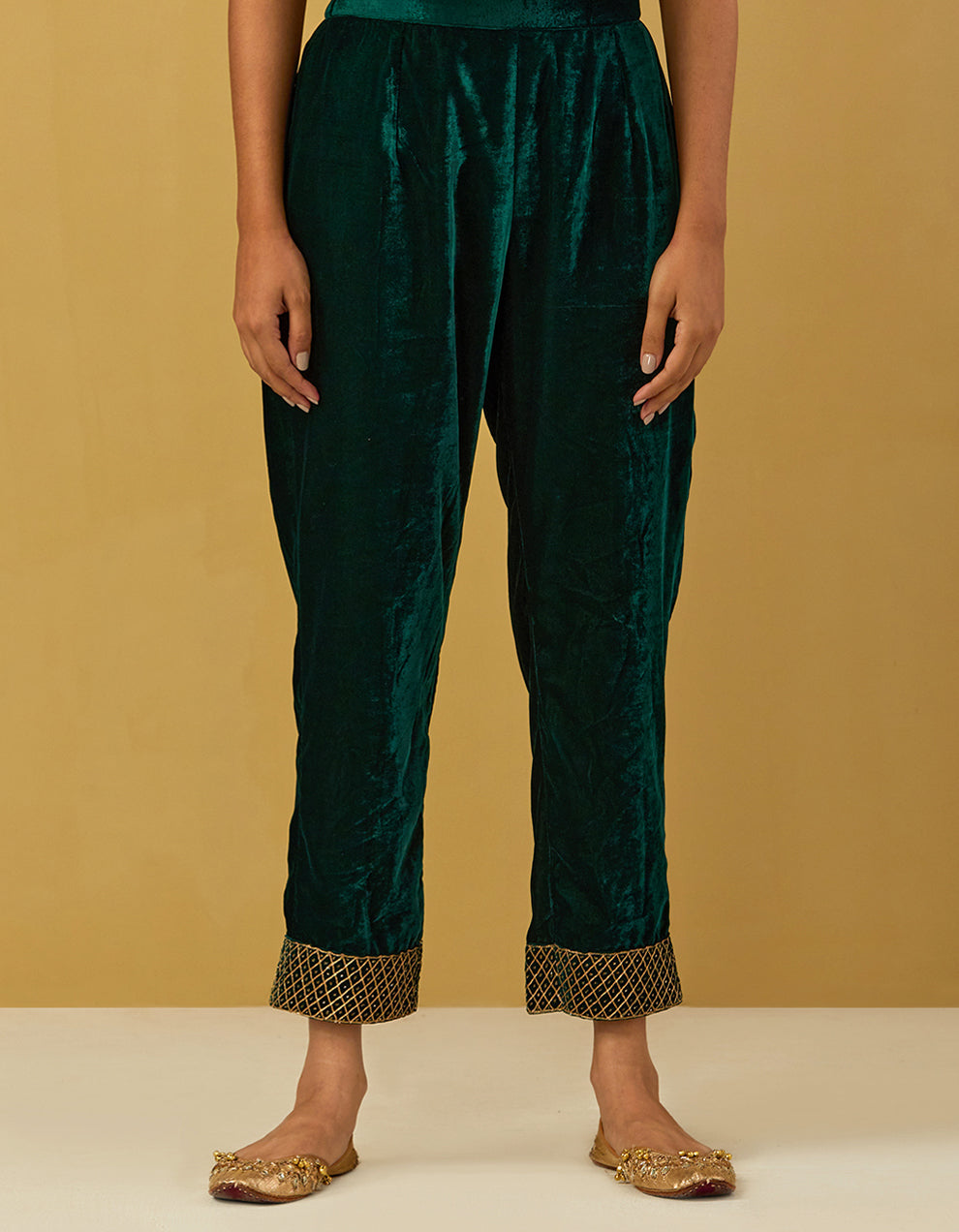 Green Silk Velvet Embroidered Anarkali With Pants