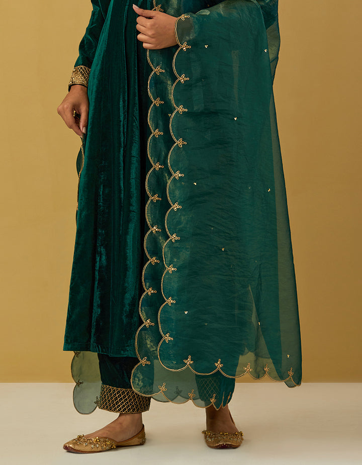 Green Silk Velvet Embroidered Anarkali With Pants And Dupatta