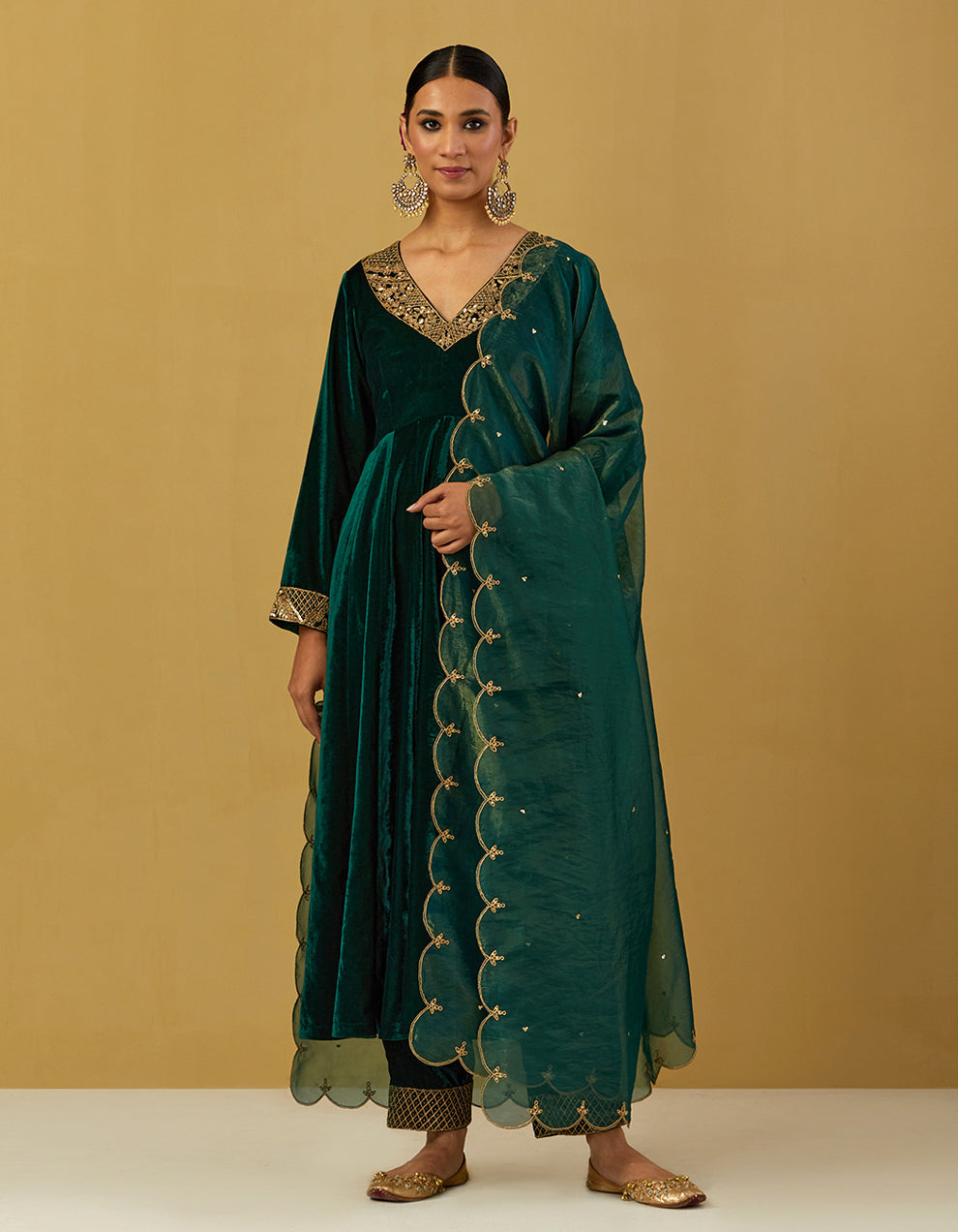 Green Silk Velvet Embroidered Anarkali With Pants And Dupatta