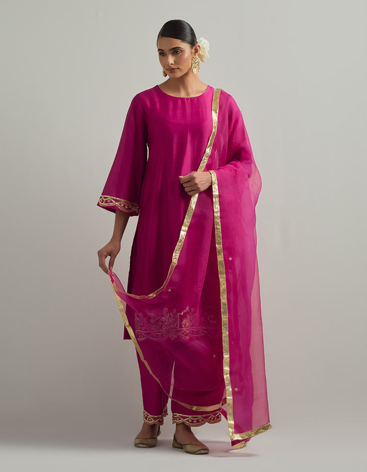 Magenta Chanderi Suit With Pant And Organza Dupatta