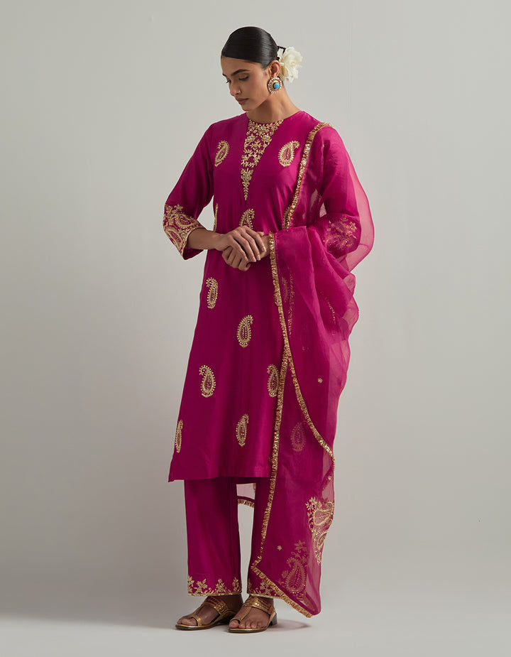 Magenta Chanderi Suit With Pant And Organza Dupatta