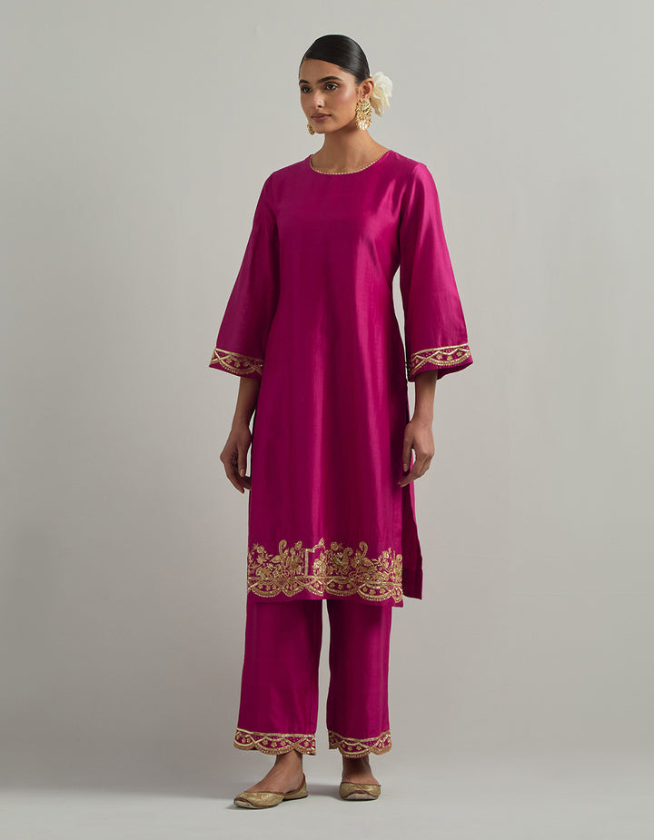 Magenta Chanderi Suit With Pant And Organza Dupatta