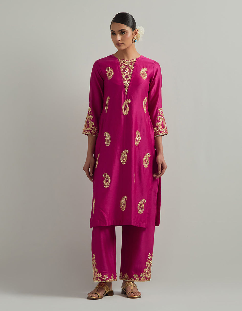Magenta Chanderi Suit With Pant And Organza Dupatta