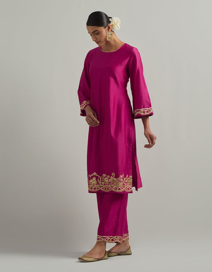 Magenta Chanderi Suit With Pant And Organza Dupatta