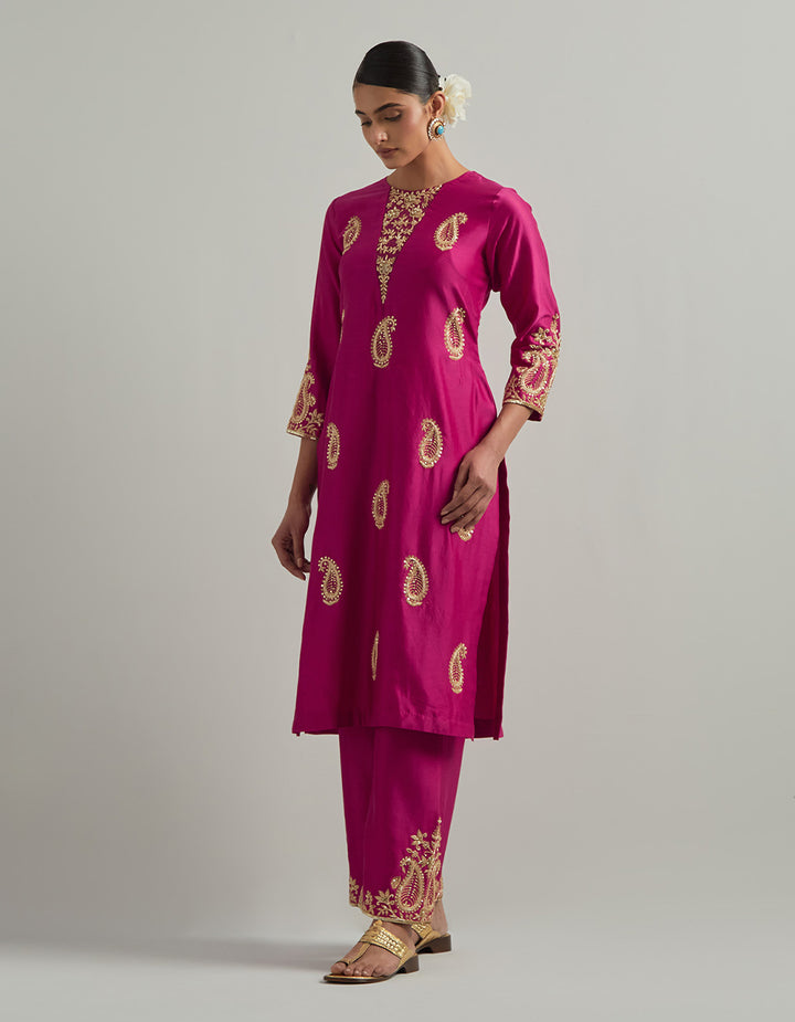 Magenta Chanderi Suit With Pant And Organza Dupatta