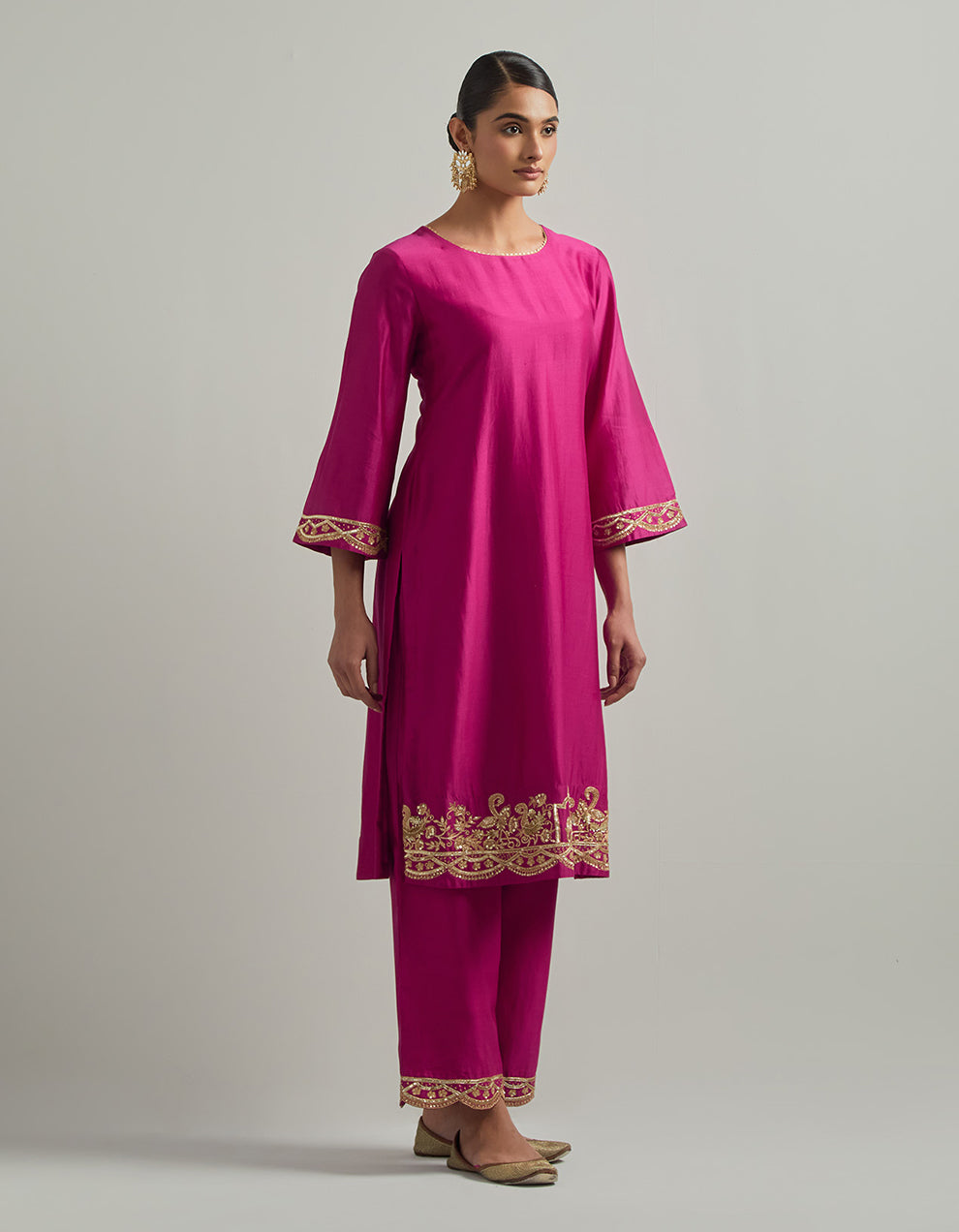 Magenta Chanderi Suit With Pant And Organza Dupatta