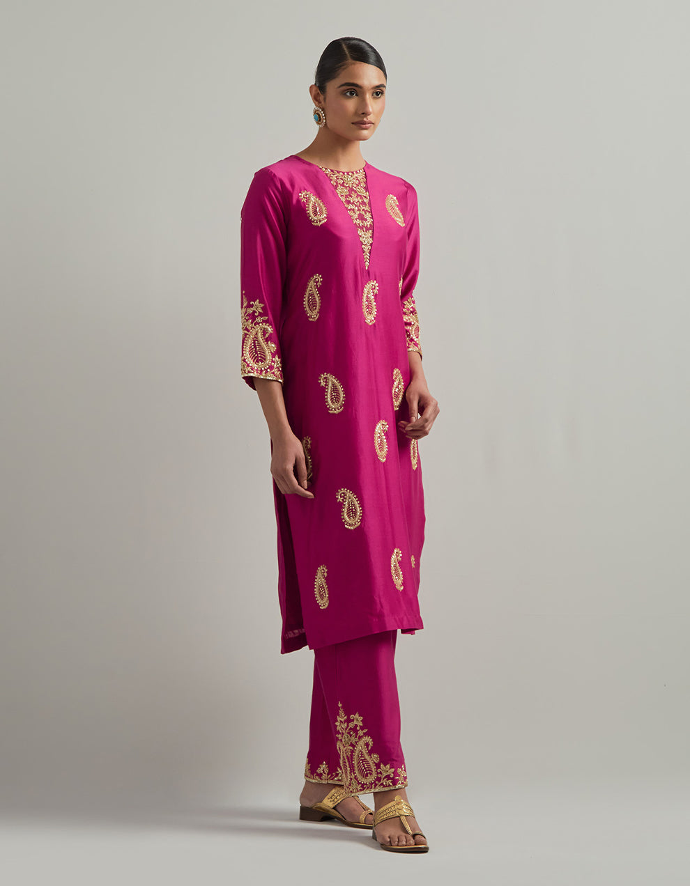 Magenta Chanderi Suit With Pant And Organza Dupatta