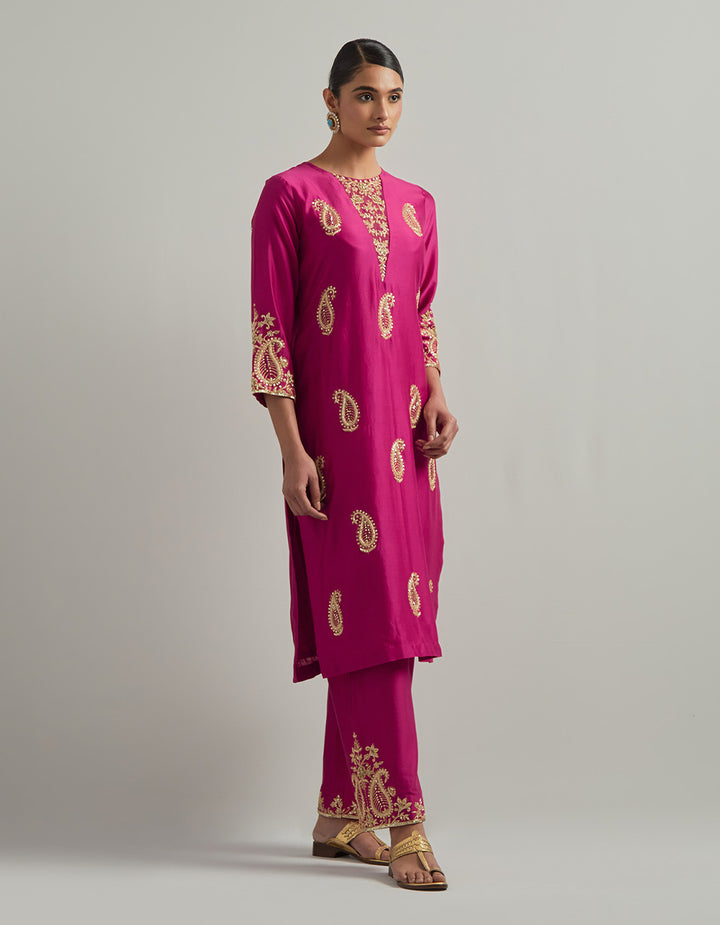 Magenta Chanderi Suit With Pant And Organza Dupatta