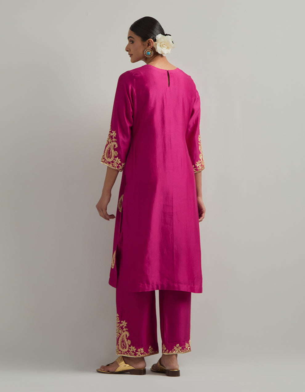 Magenta Chanderi Suit With Pant And Organza Dupatta