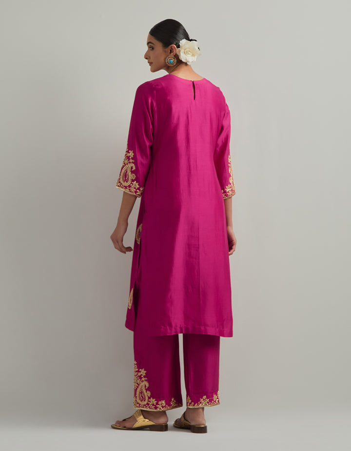Magenta Chanderi Suit With Pant And Organza Dupatta