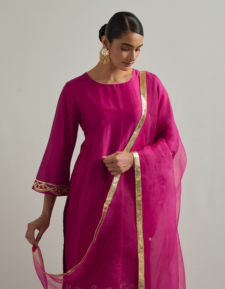 Magenta Chanderi Suit With Pant And Organza Dupatta