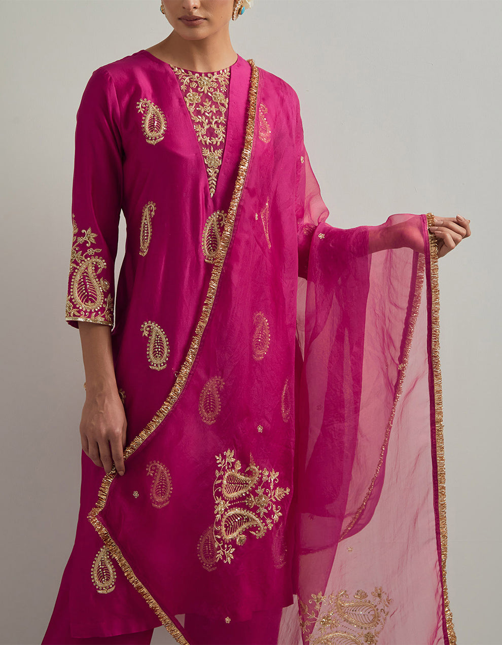 Magenta Chanderi Suit With Pant And Organza Dupatta