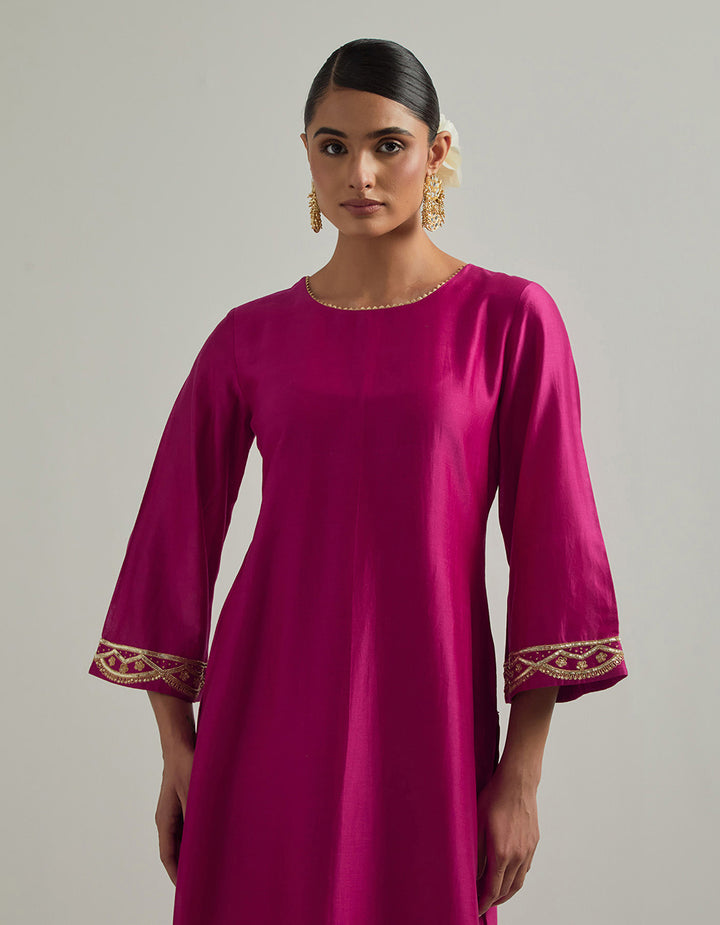 Magenta Chanderi Suit With Pant And Organza Dupatta
