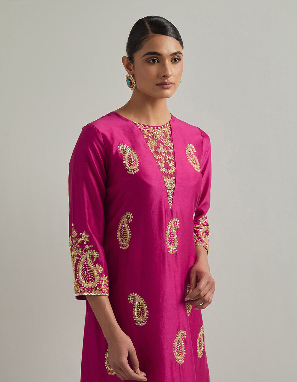 Magenta Chanderi Suit With Pant And Organza Dupatta