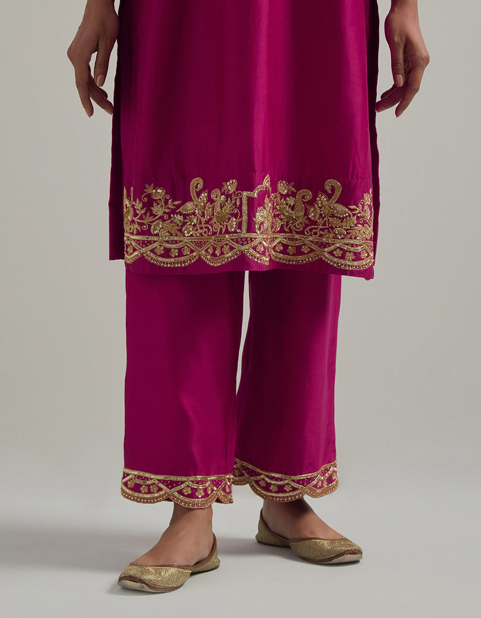Magenta Chanderi Suit With Pant And Organza Dupatta