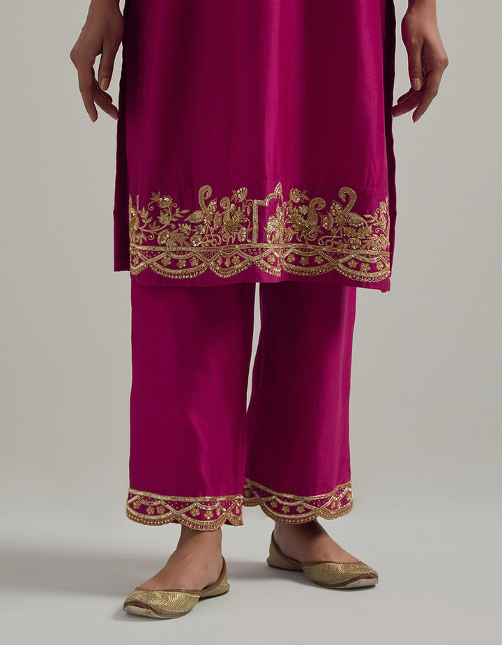 Magenta Chanderi Suit With Pant And Organza Dupatta