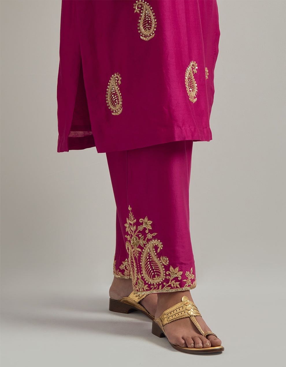 Magenta Chanderi Suit With Pant And Organza Dupatta