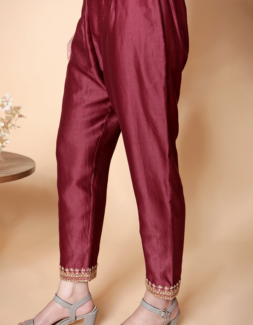 Maroon Chanderi Silk Kurta With Pants And A Tissue Organza Dupatta