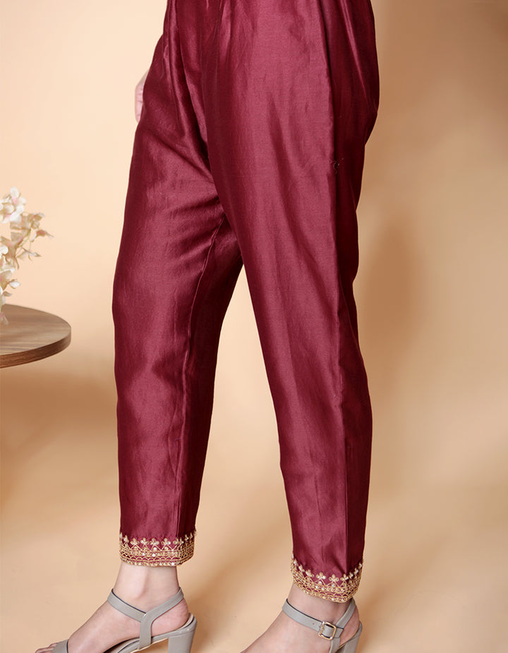Maroon Chanderi Silk Kurta With Pants And A Tissue Organza Dupatta