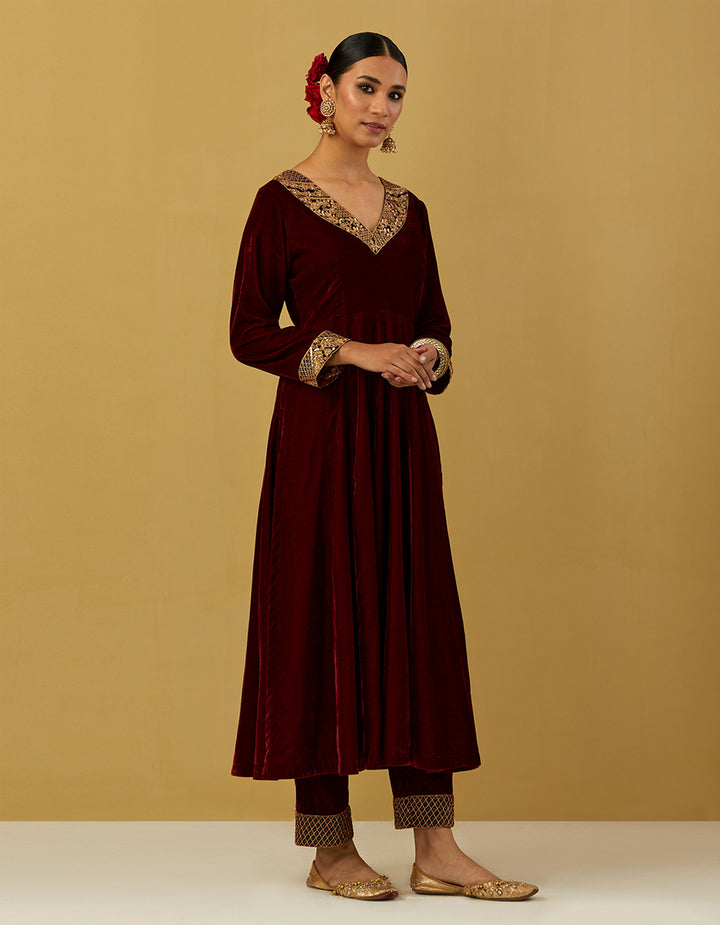 Maroon Silk Velvet Embroidered Anarkali With Pants And Dupatta
