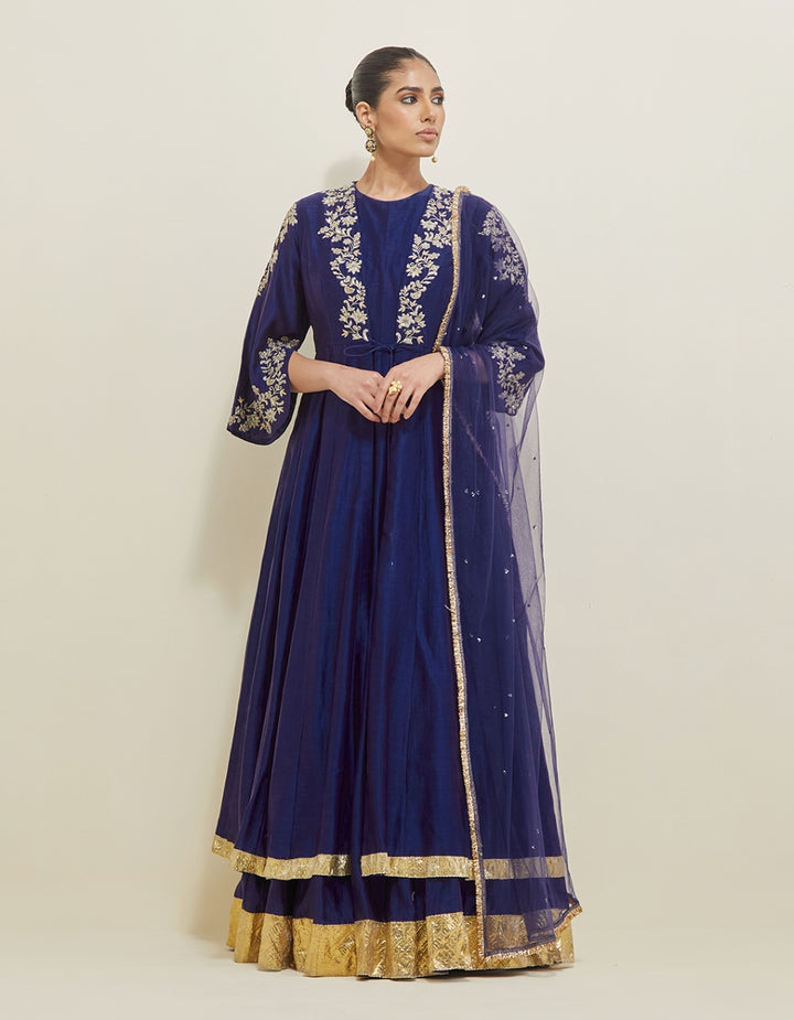 Midnight Blue Hand Embroidered Chanderi Anarkali Set