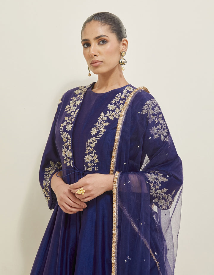 Midnight Blue Hand Embroidered Chanderi Anarkali Set