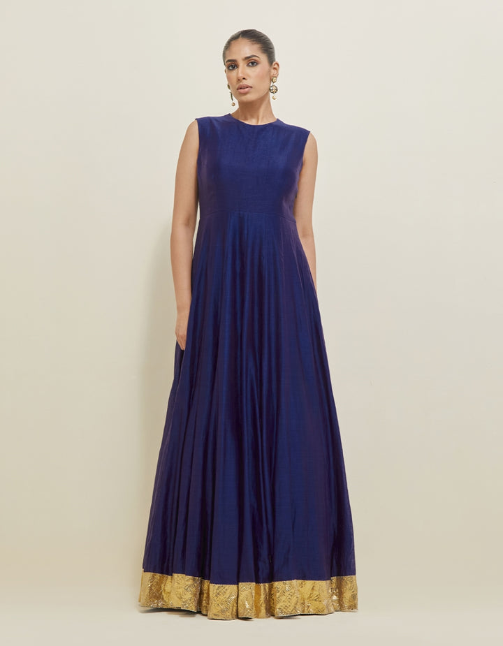 Midnight Blue Hand Embroidered Chanderi Anarkali Set