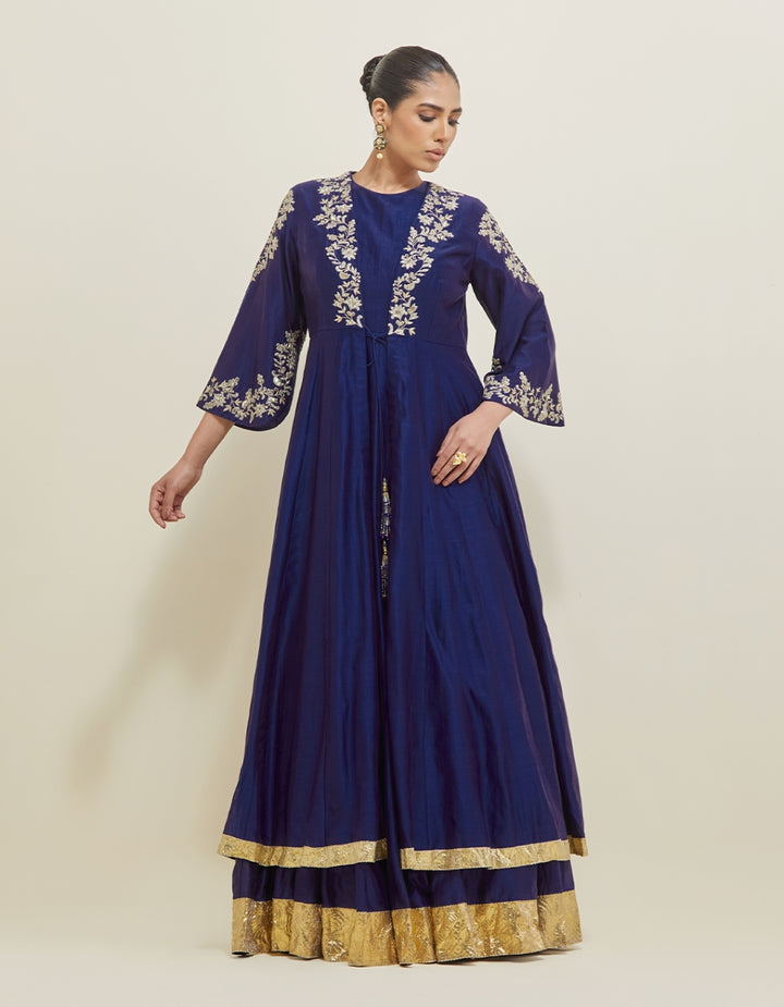 Midnight Blue Hand Embroidered Chanderi Anarkali Set