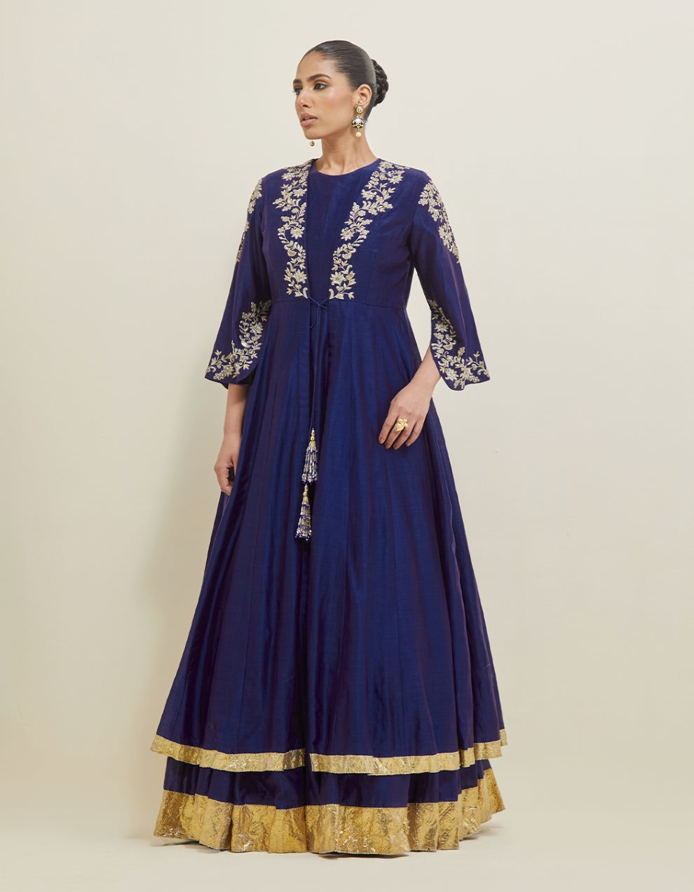 Midnight Blue Hand Embroidered Chanderi Anarkali Set