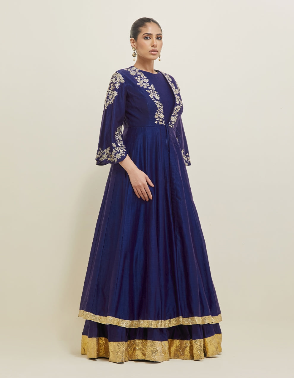 Midnight Blue Hand Embroidered Chanderi Anarkali Set