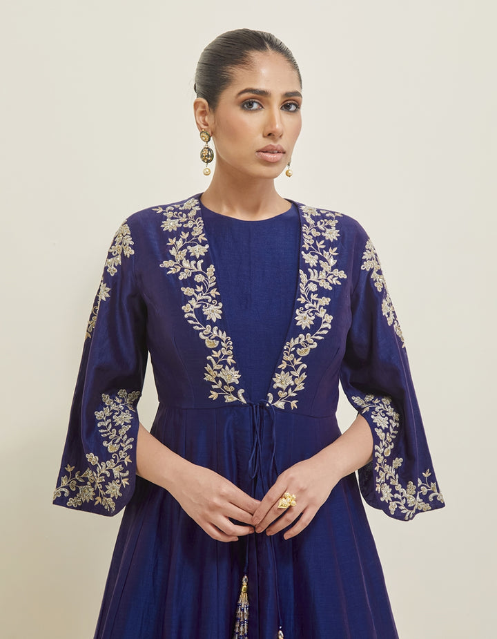 Midnight Blue Hand Embroidered Chanderi Anarkali Set